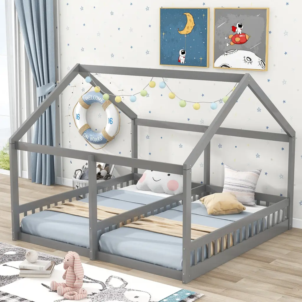 Twin Wood Platform Beds Two Shared Beds Gray Pine wm store