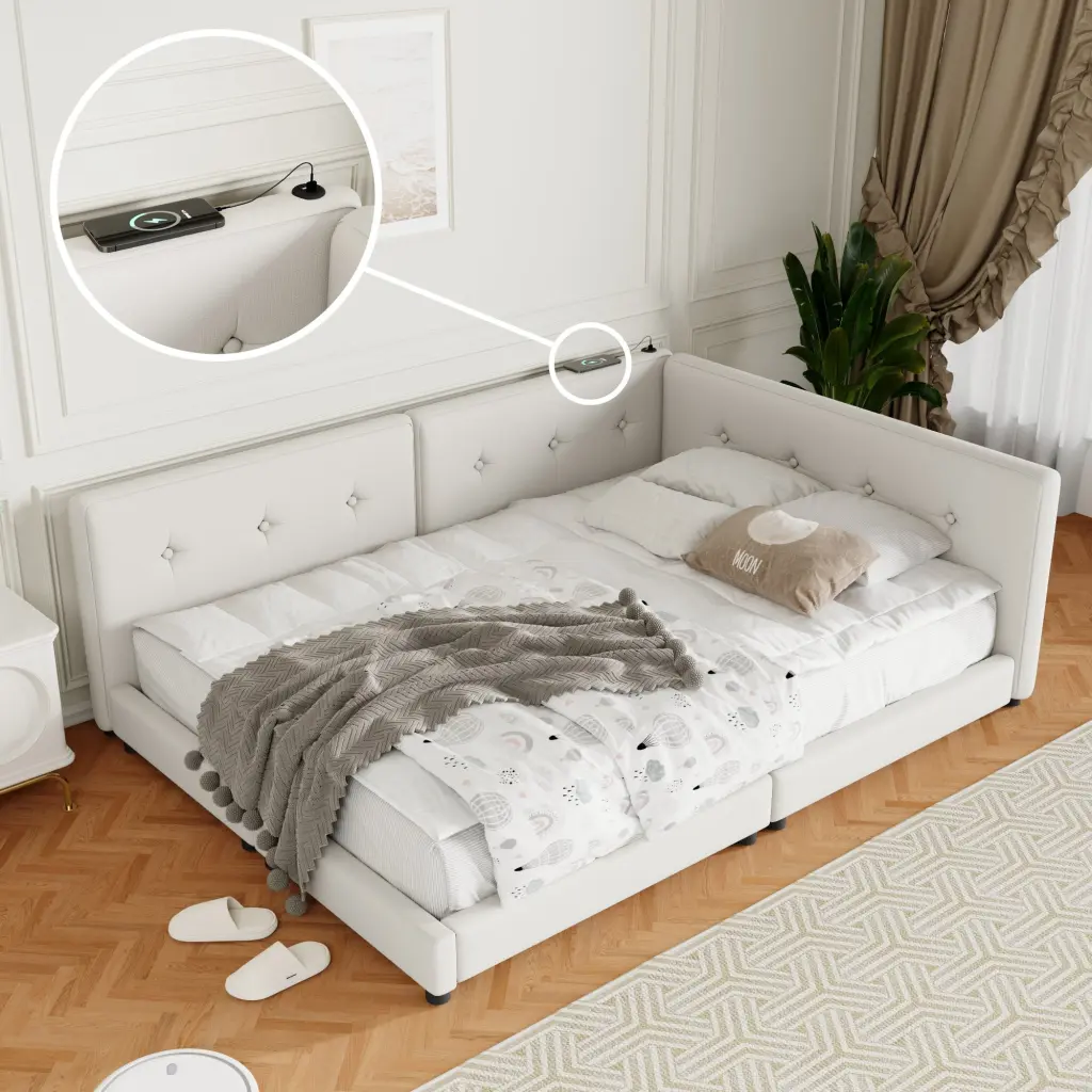 Upholstered Queen Size Platform Bed USB Ports and Beige Box Spring wm store