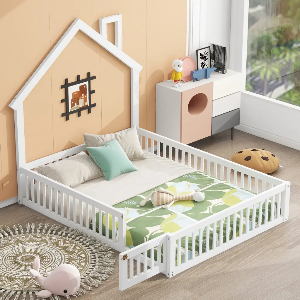 Wood Full Dimensions Houtilize Platform Bed Guardrail White Box Spring Not Included wm store