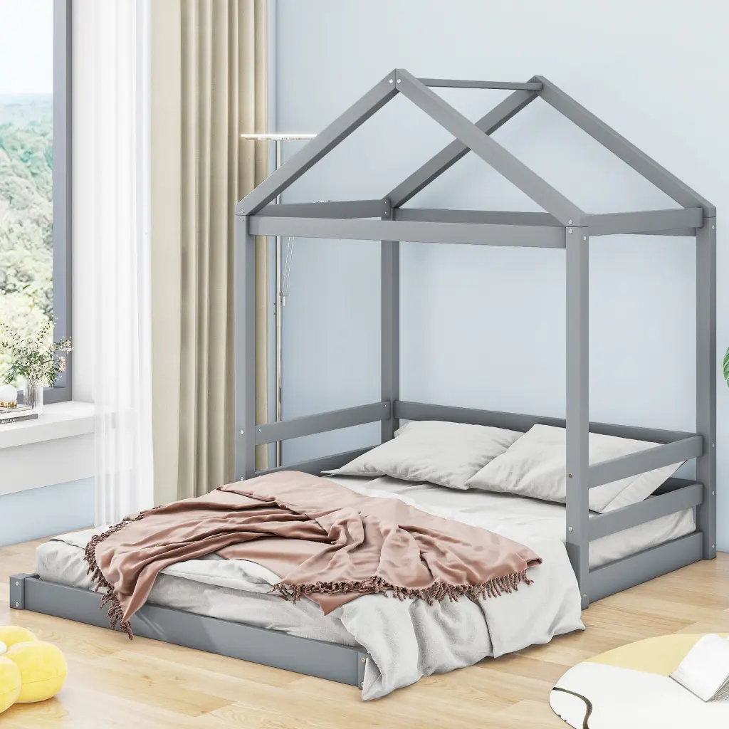 Wood Full Houtilize Bed Guardrail Grey Box Spring Not Required wm store