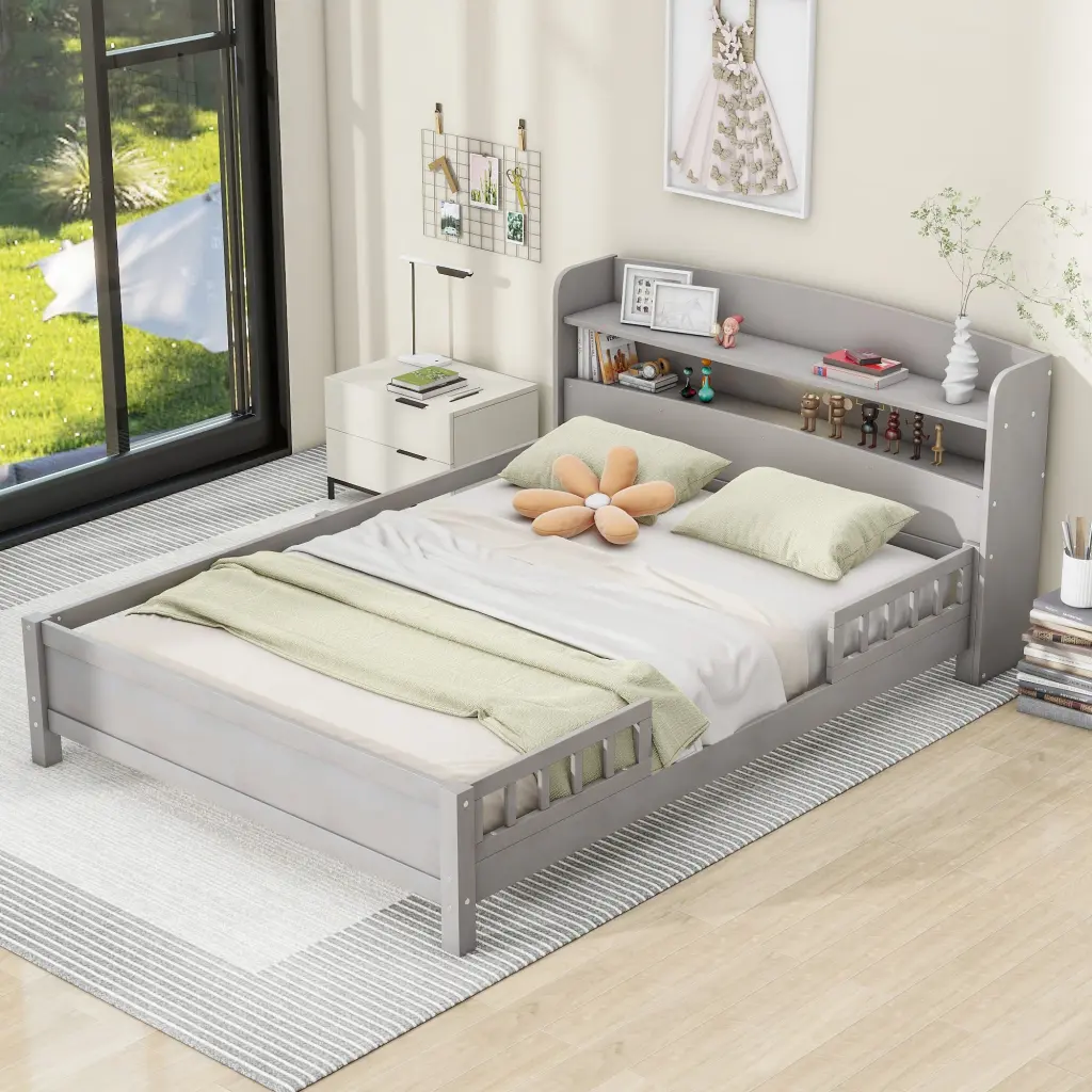 Wood Full Platform Bed Built- LED Light and Storage Headboard wm store