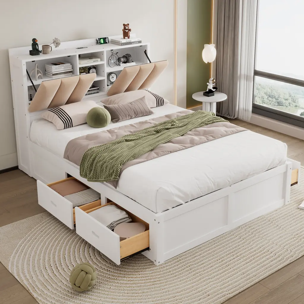 Wood Full Size Platform Bed Storage Headboard and 4 Drawers White wm store