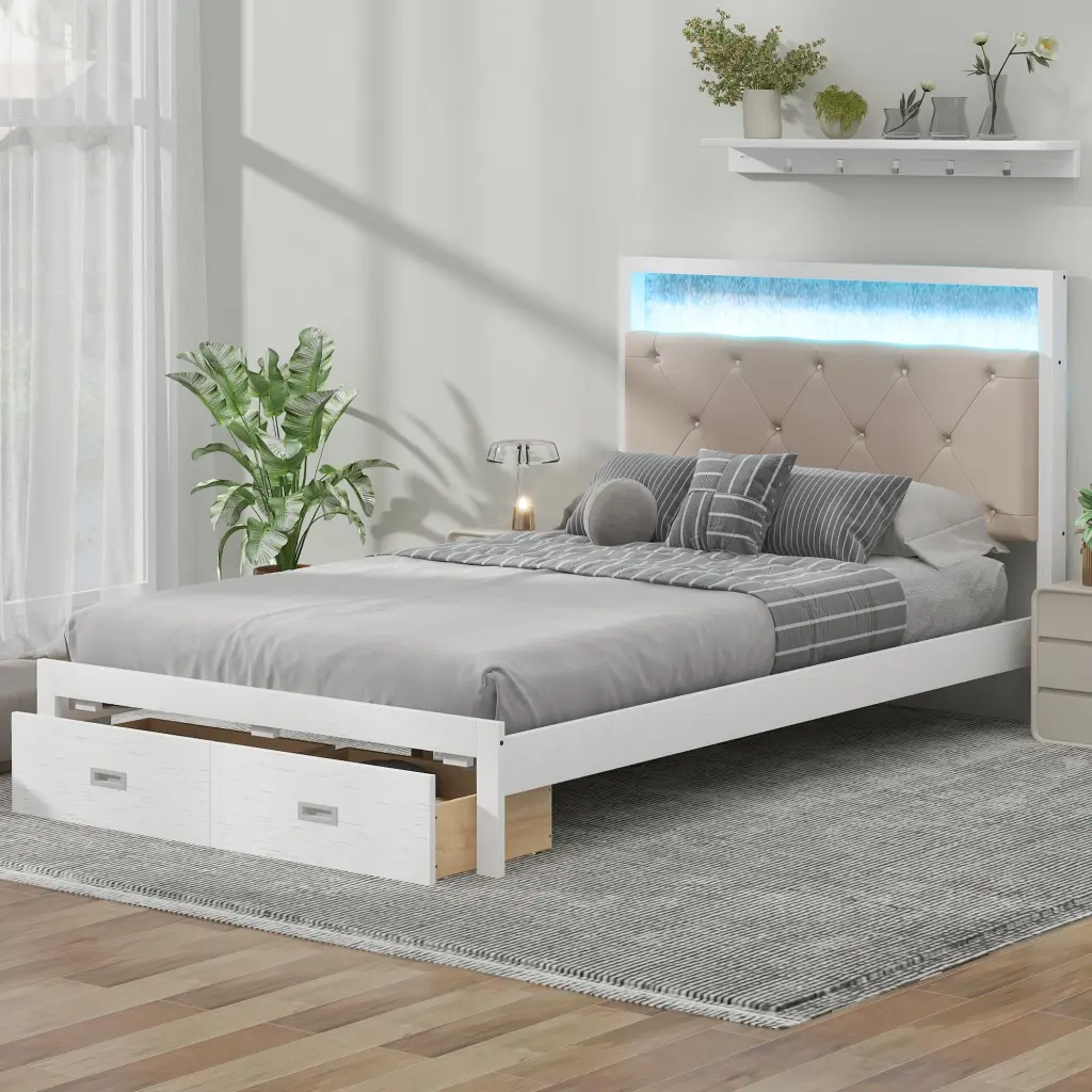 Wood Full Size Platform Bed Upholstered Headboard And Led And 2 D wm store