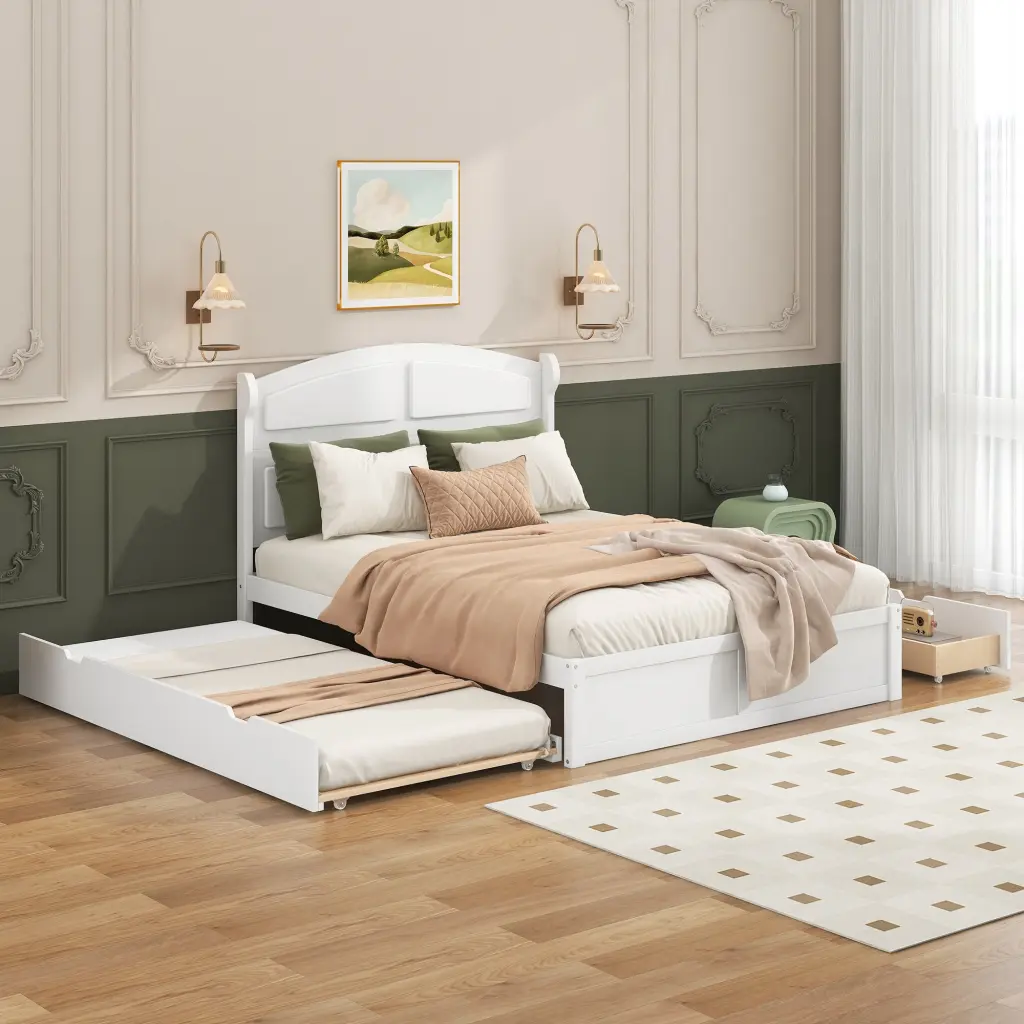 Wood Queen Platform Bed Twin Trundle And 2 Drawers White wm store