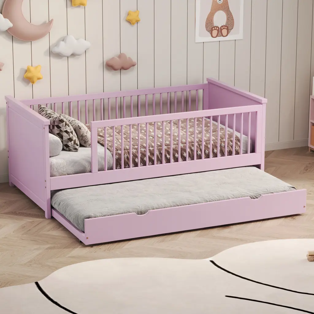 Wood Twin Size Platform Bed Guardrail And Trundle Pink Box Spring wm store