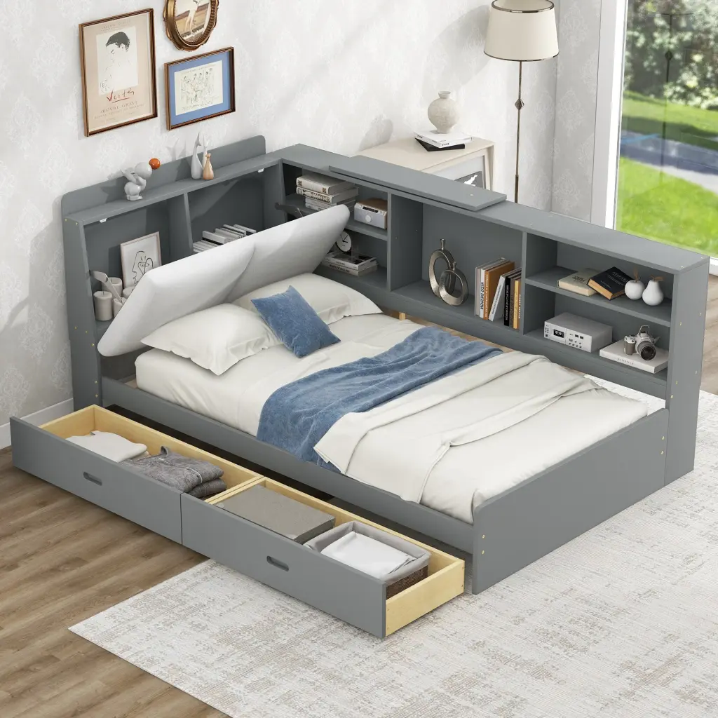 Wood Twin Size Platform Bed Storage Headboard Shelves and 2 Drawers wm store