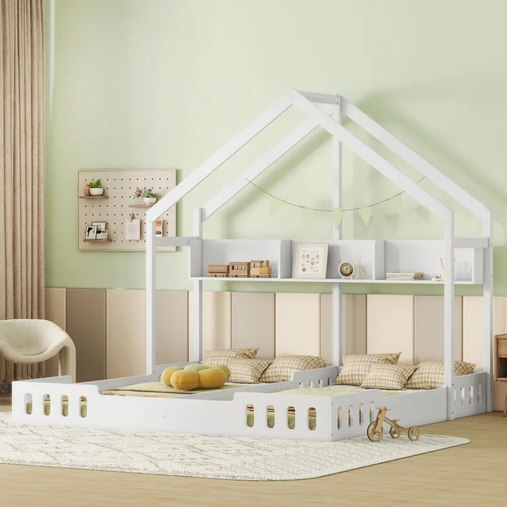 Wood Twin Size Platform Beds Two Shared Beds Shelves and Guardrails wm store