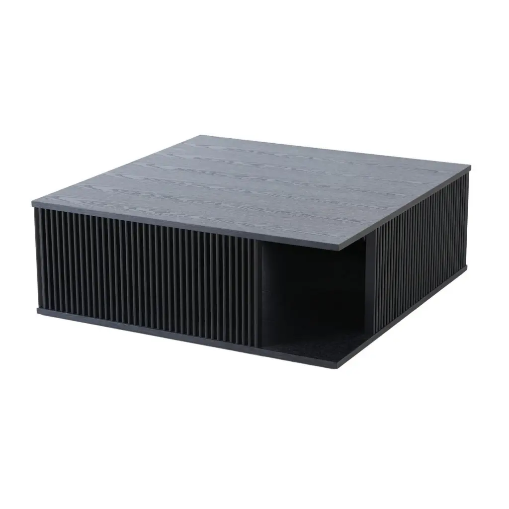 Benjara 39 Inch Platform Louvered Wood Coffee Table Black Ash Veneer Convenience Concepts