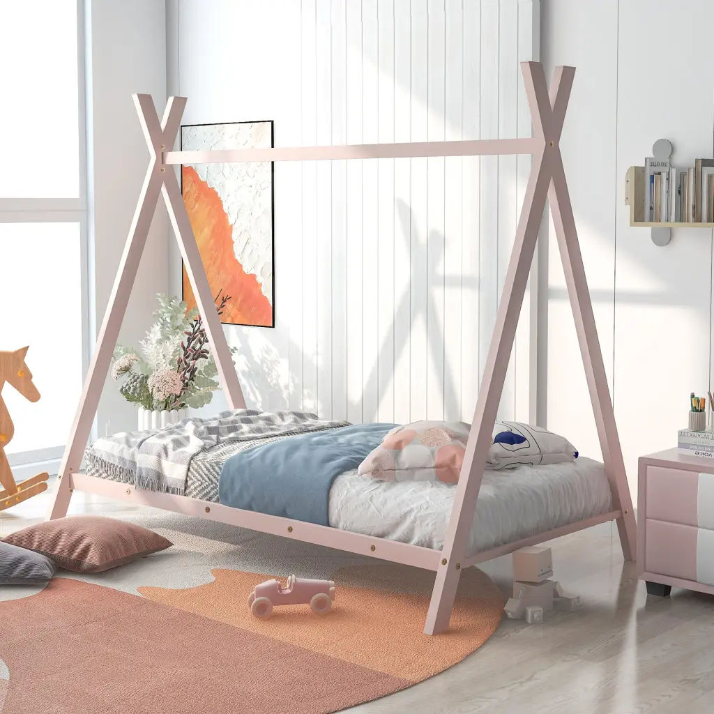 Twin Size Metal Floor Play Tent Bed Frame Canopy Kids lucky furniture