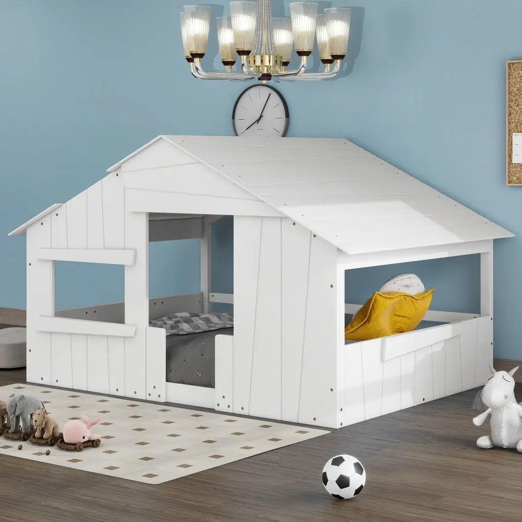 Wood Full Dimensions Houtilize Bed Roof Window Guardrail White Box Spring Kids Playhouse Bed wm store