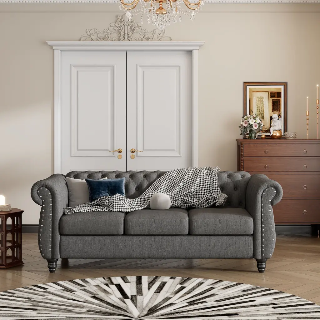 82 Inch Modern Sofa Dutch Plush Upholstered Sofa Solid Wood Legs Button Tufted Design rnb