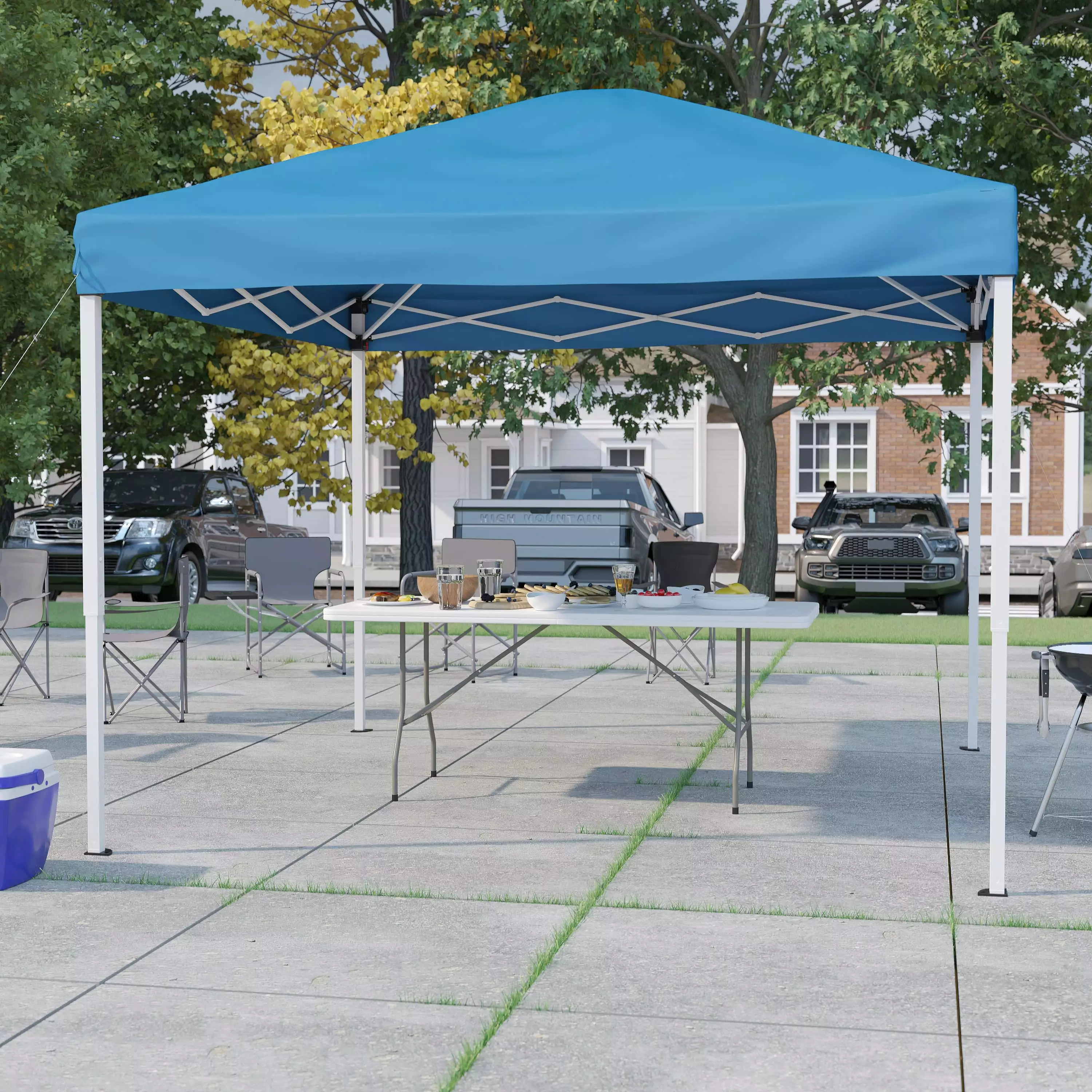 BizChair 10x10ft Blue Pop Up Canopy Tent 6ft Folding Table Tailgate Set