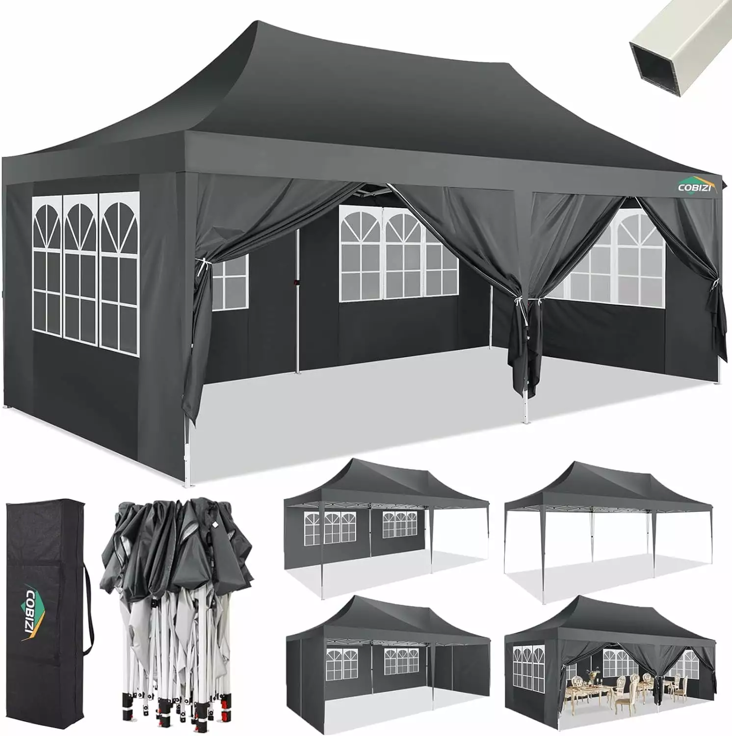 COBIZI Canopy 10x20 Pop Up Canopy Tent 6 Sidewalls UV50+ Waterproof Wedding Party Tent Outdoor Gazebo 3 Adjustable Heights