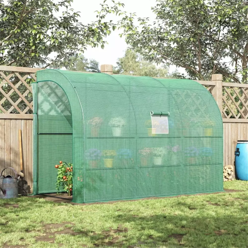 10x5x7ft Lean to Greenhouse Walk- Plant Nursery 2 Roll-up Doors Windows PE Cover 3 Wire Shelves Portable Waterproof Green ...