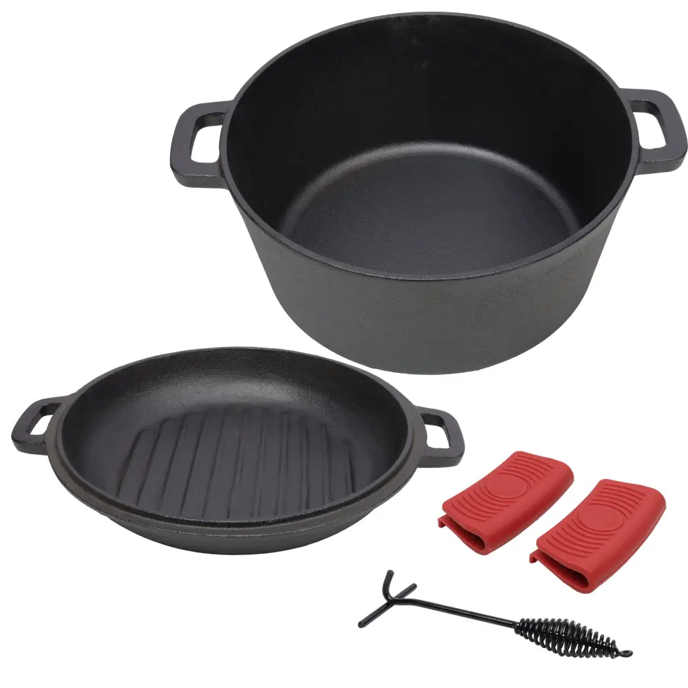 3 1 Pre-Seasoned Cast Iron Dutch Oven, Outdoor Camping Deep Pot, 5 Quart Silicone Manages - Black