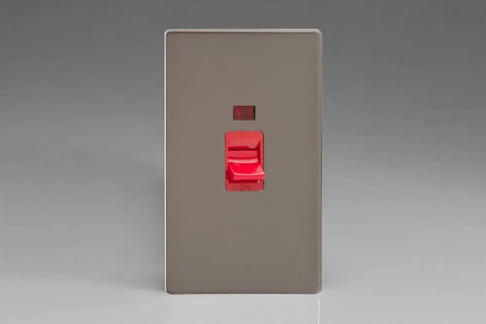 Varilight XDR45NS Screwless Pewter 45A DP Cooker Switch Vertical Twin Plate + Neon