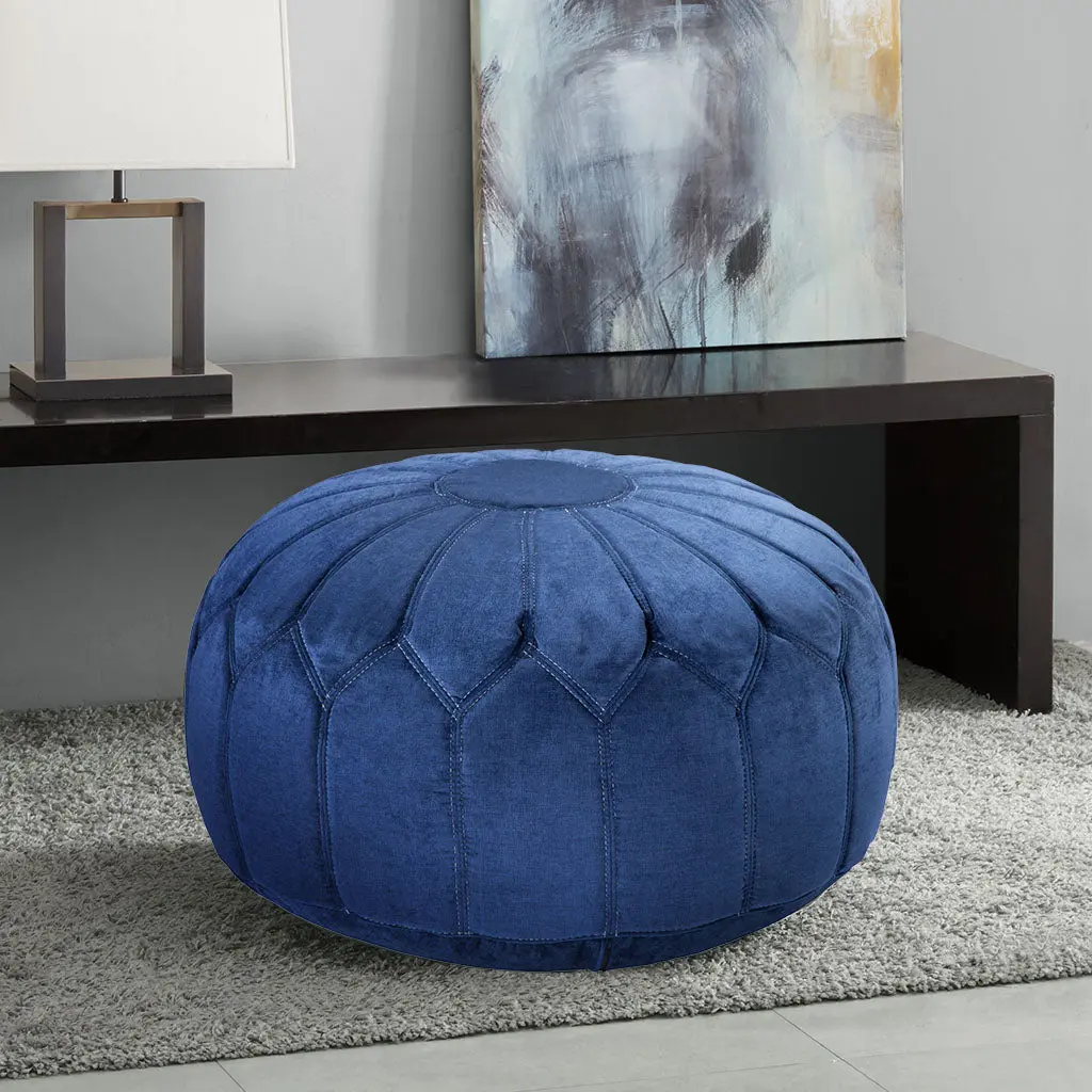 Kelsey Round Pouf Ottoman Blue Solid Wood Stylish Footrest jla