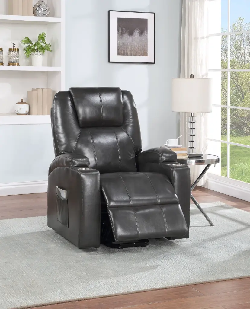 Evander Power Lift Recliner Gunmetal Hide Black Leather acme onsite store