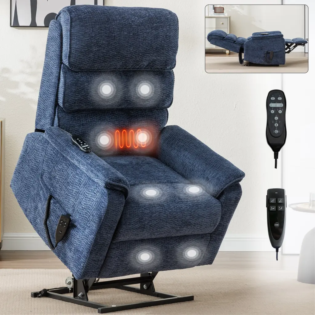 Blue Chenille Dual Motor Infinite Position Power Lift Recliner Up To 350 Lbs comfortmax