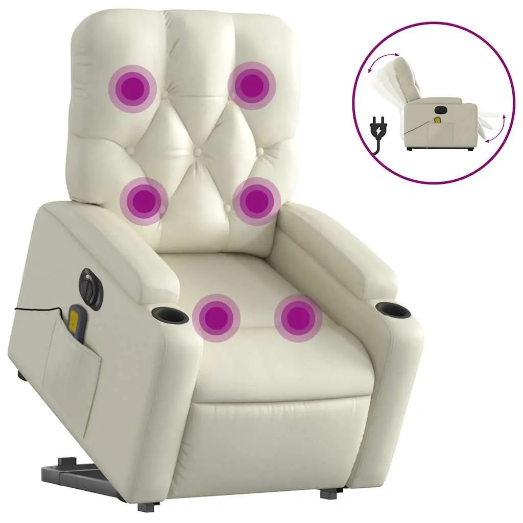 Electric Stand up Massage Recliner Chair Cream Faux Leather Power Lift