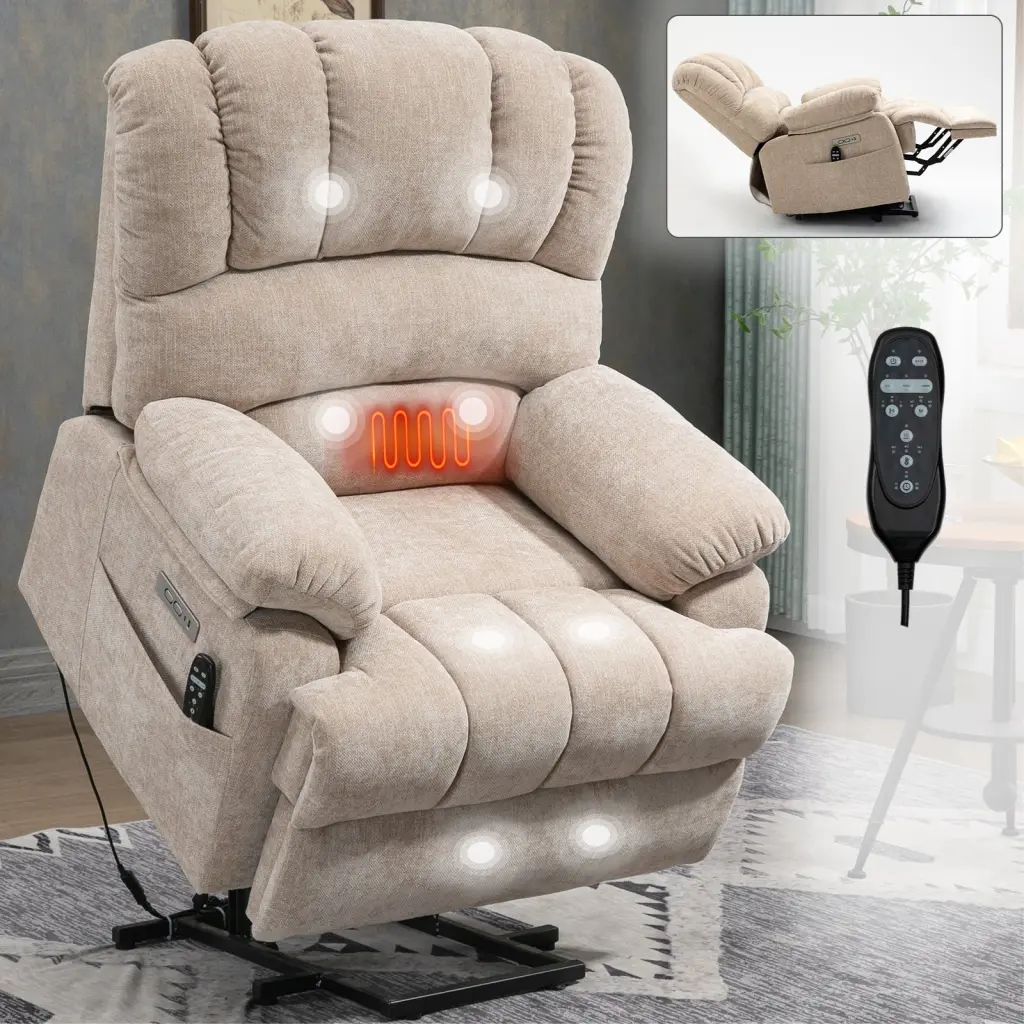 23 Inch Seat Width High Back Large Dimensions Beige Chenille Power Lift Recliner rnb