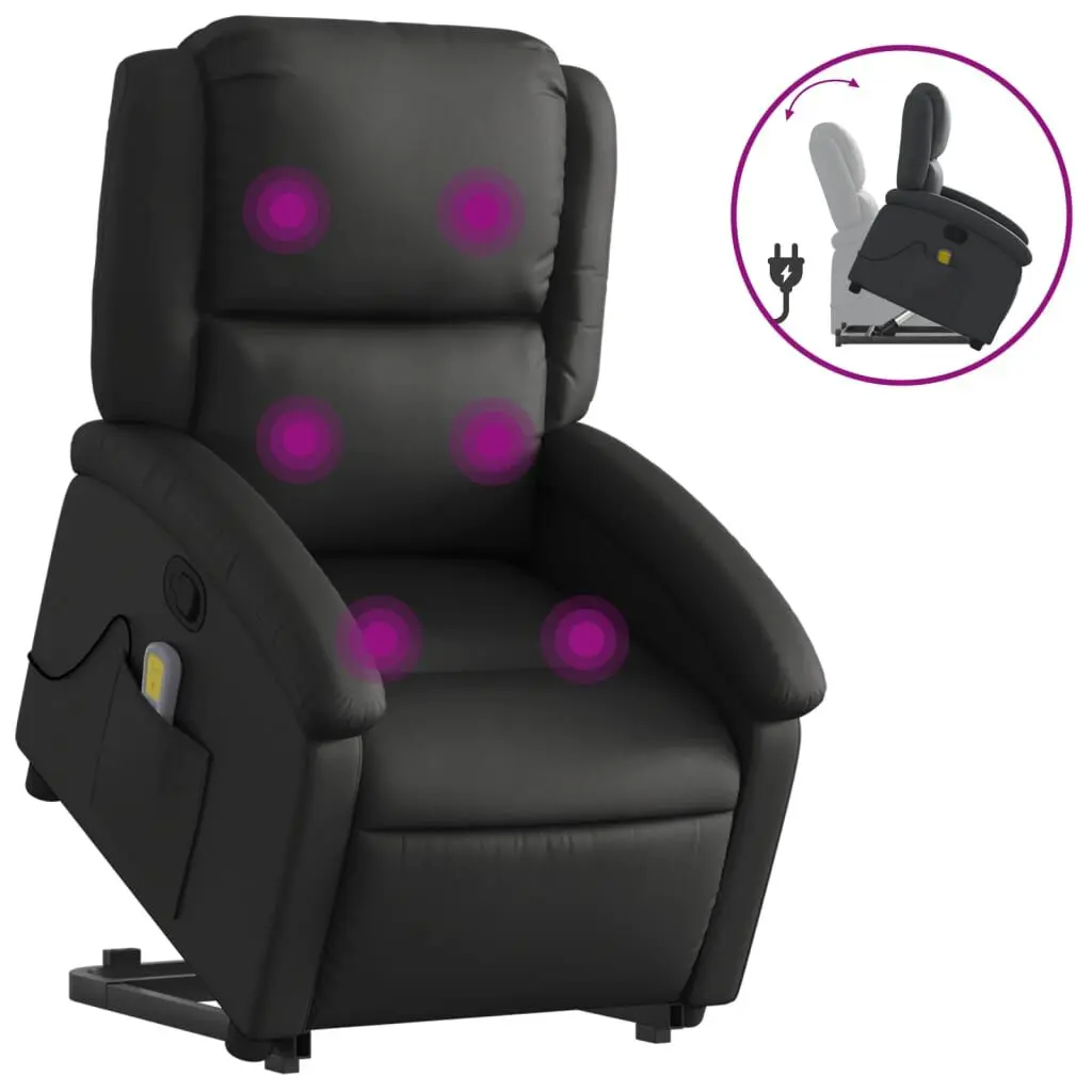 Stand up Massage Recliner Chair Black Real Leather Power Lift Recliner