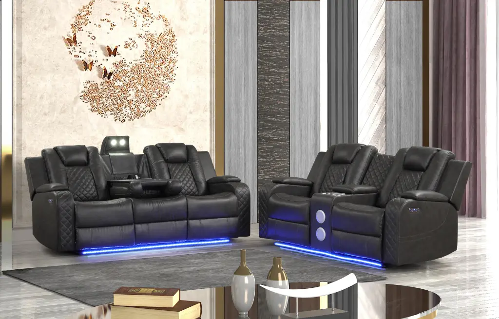 Black Faux Leather LED Power Recliner 2 Piece Living Room Set galaxy home furnishings