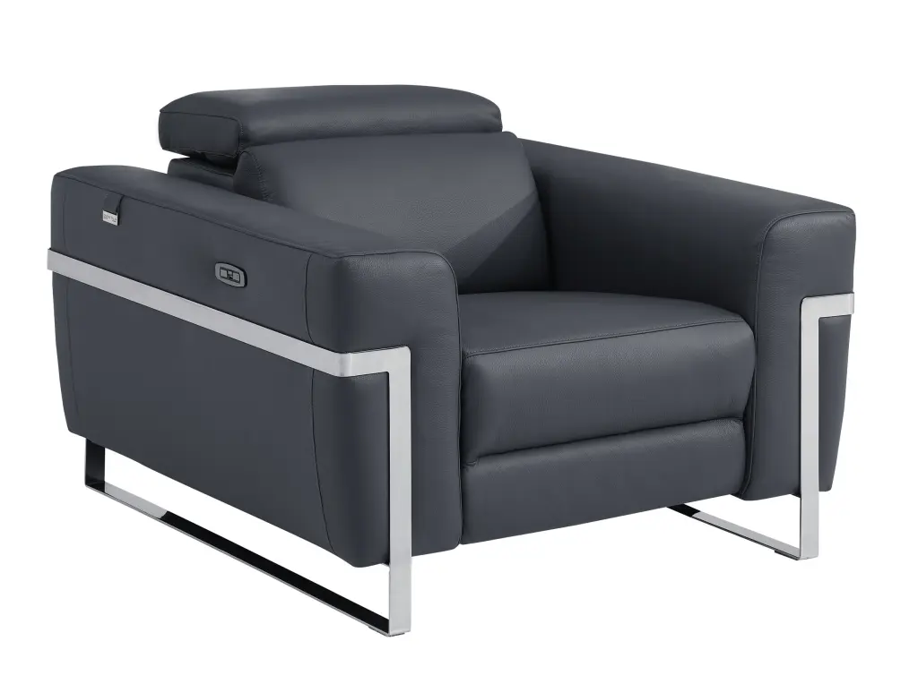 Top Grain Italian Leather Power Recliner Chair Dark Grey Foam Comfort Living Room global united