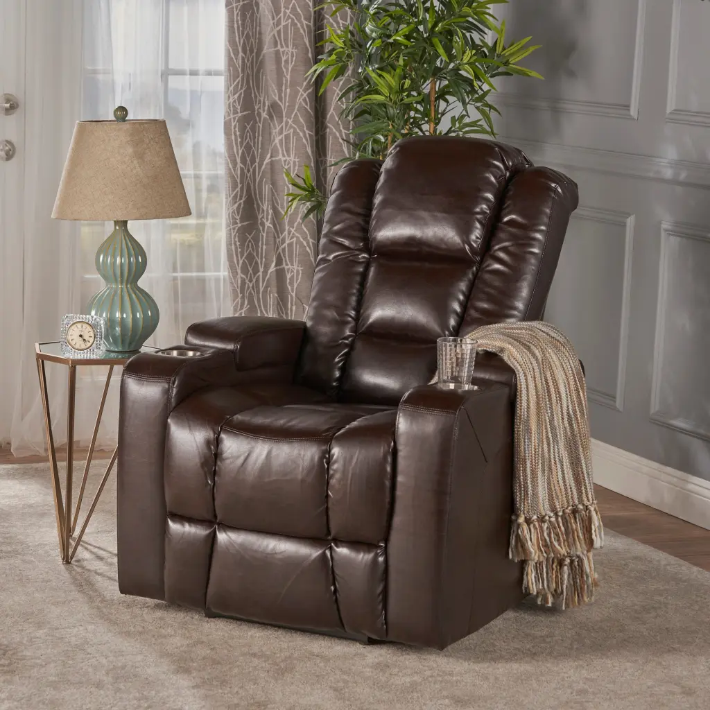 33 Inch Wide Power Recliner Chair USB Charger and Arm Storage Brown nh-ocean furniture