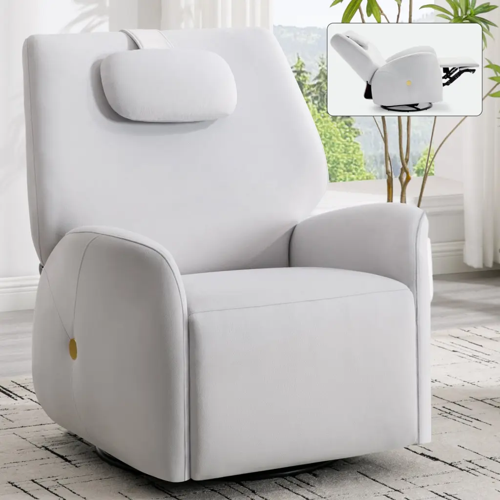 Beige Swivel and Rocker Power Recliner Chair Lumbar and Neck Support rnb