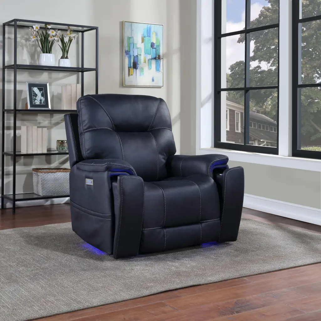 Triple Power Recliner Lighted Cupholders Ocean Blue Transitional Design steve silver furniture