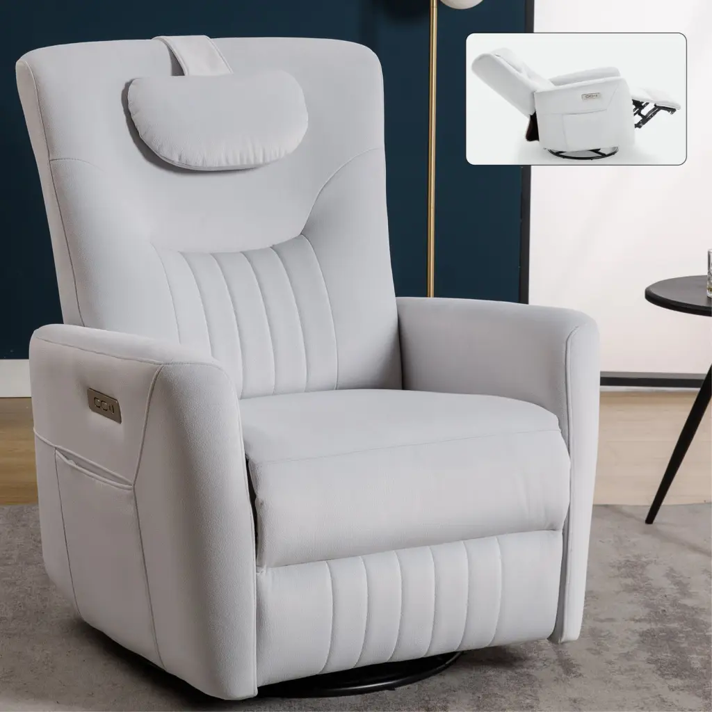 Beige Swivel and Rocker Power Recliner Chair Lumbar and Neck Support Living Room rnb