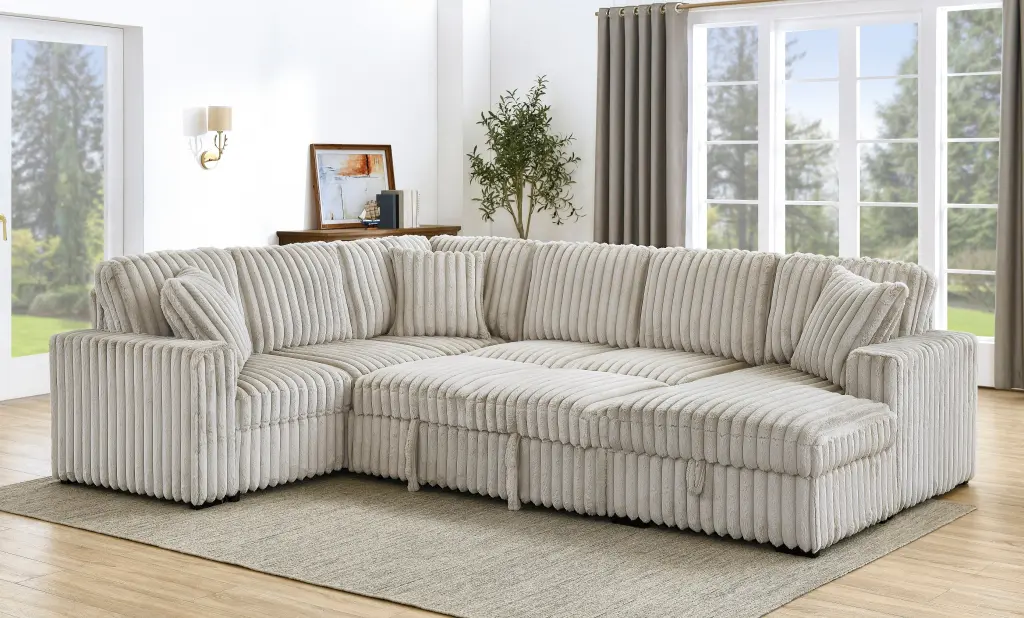 122 Inch Pull Out Couch Rabbit Plush Material Sofa Bed Usb Ports happy home