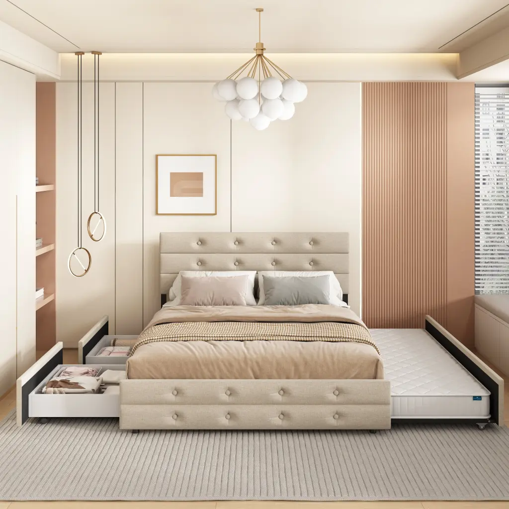 Queen Upholstered Platform Bed Twin Trundle and 2 Storage Drawers bedepot