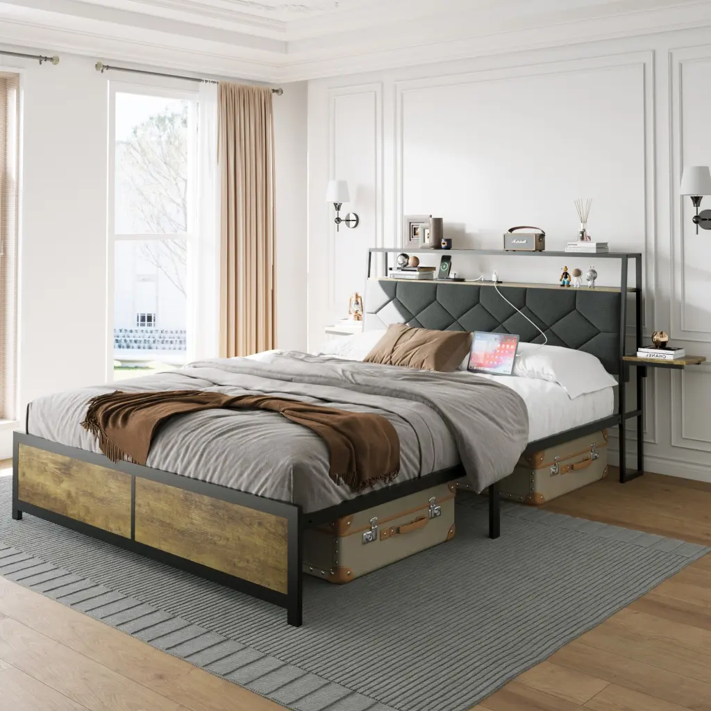 Queen Bed Frame RGB LED Lights USB Port and Power Outlet Upholstered jhomier furniture