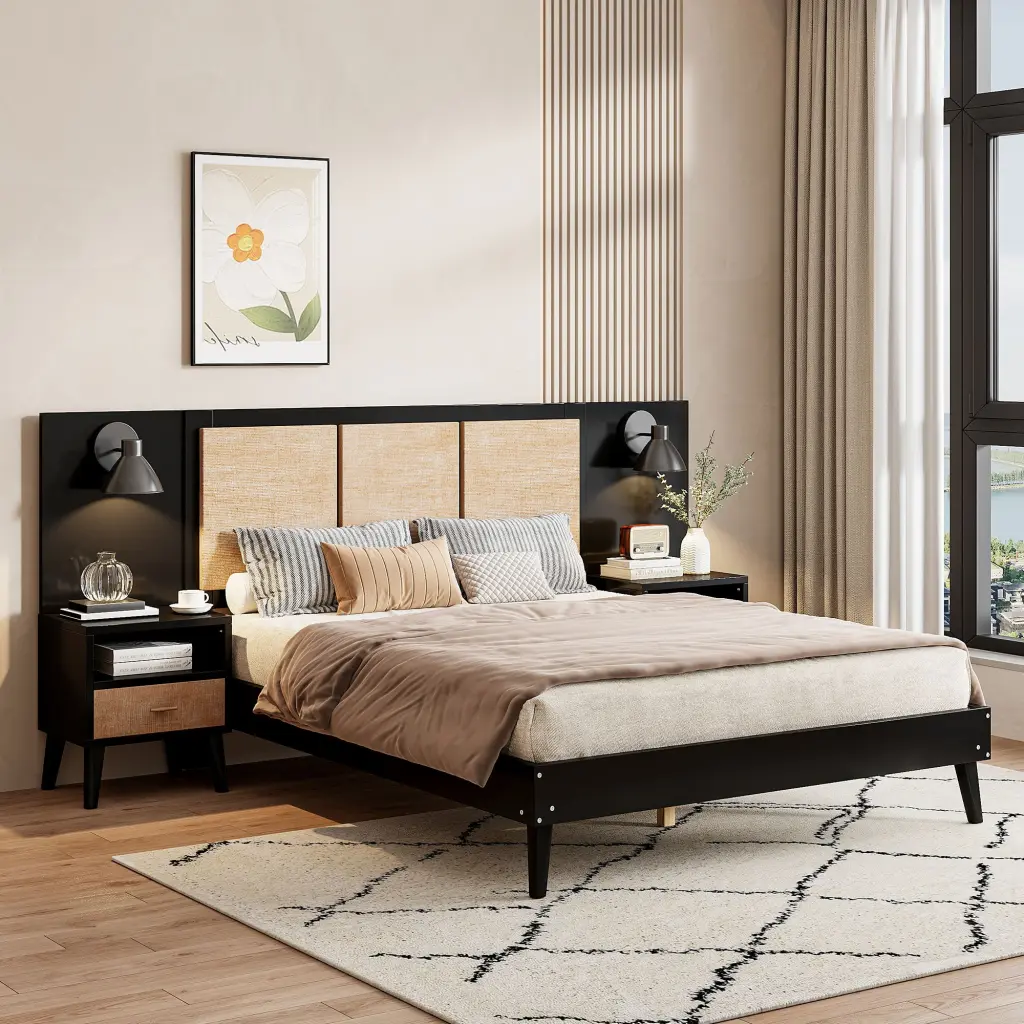 Queen Size Solid Timber Bed Frame 2 Nightstands Elegant Bedroom Set lucky home
