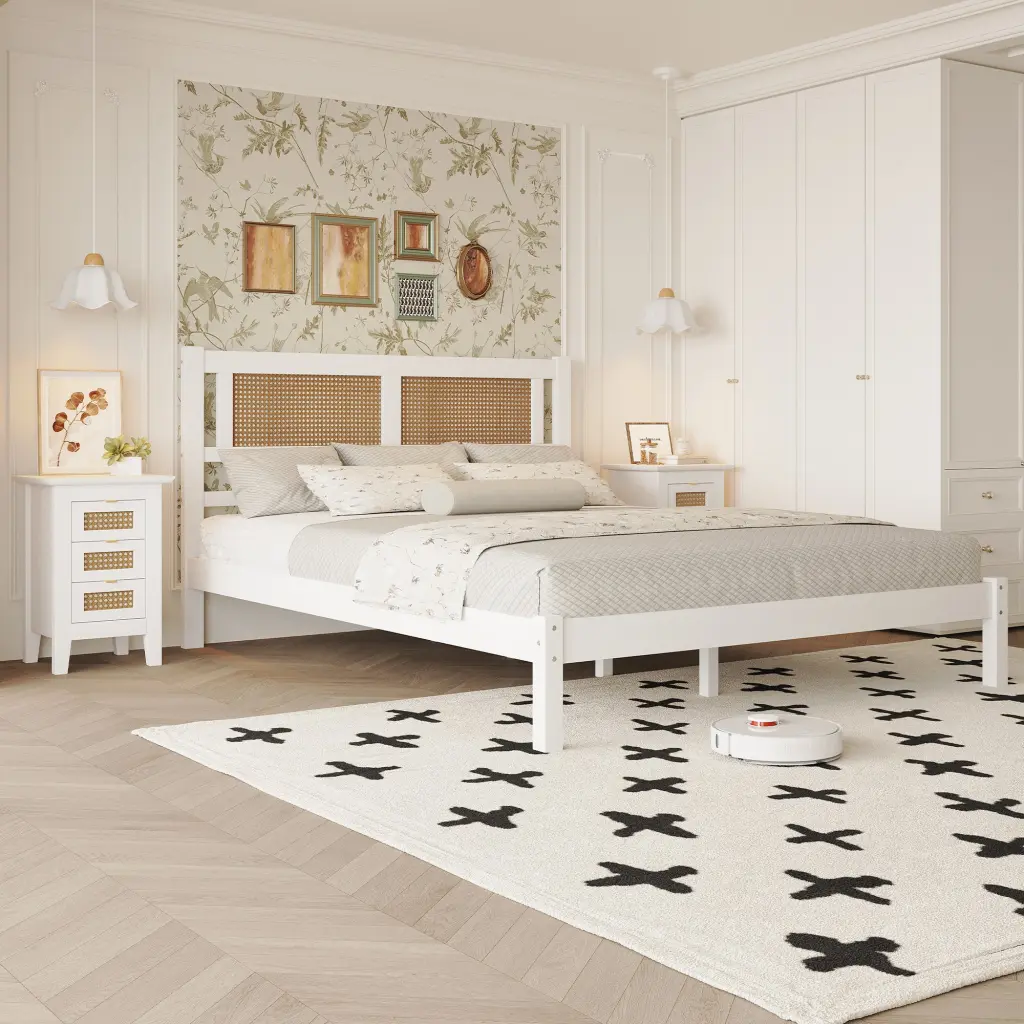 3 Piece Queen Bedroom Set Timber Platform Bed and Natural Rattan Accents homey life