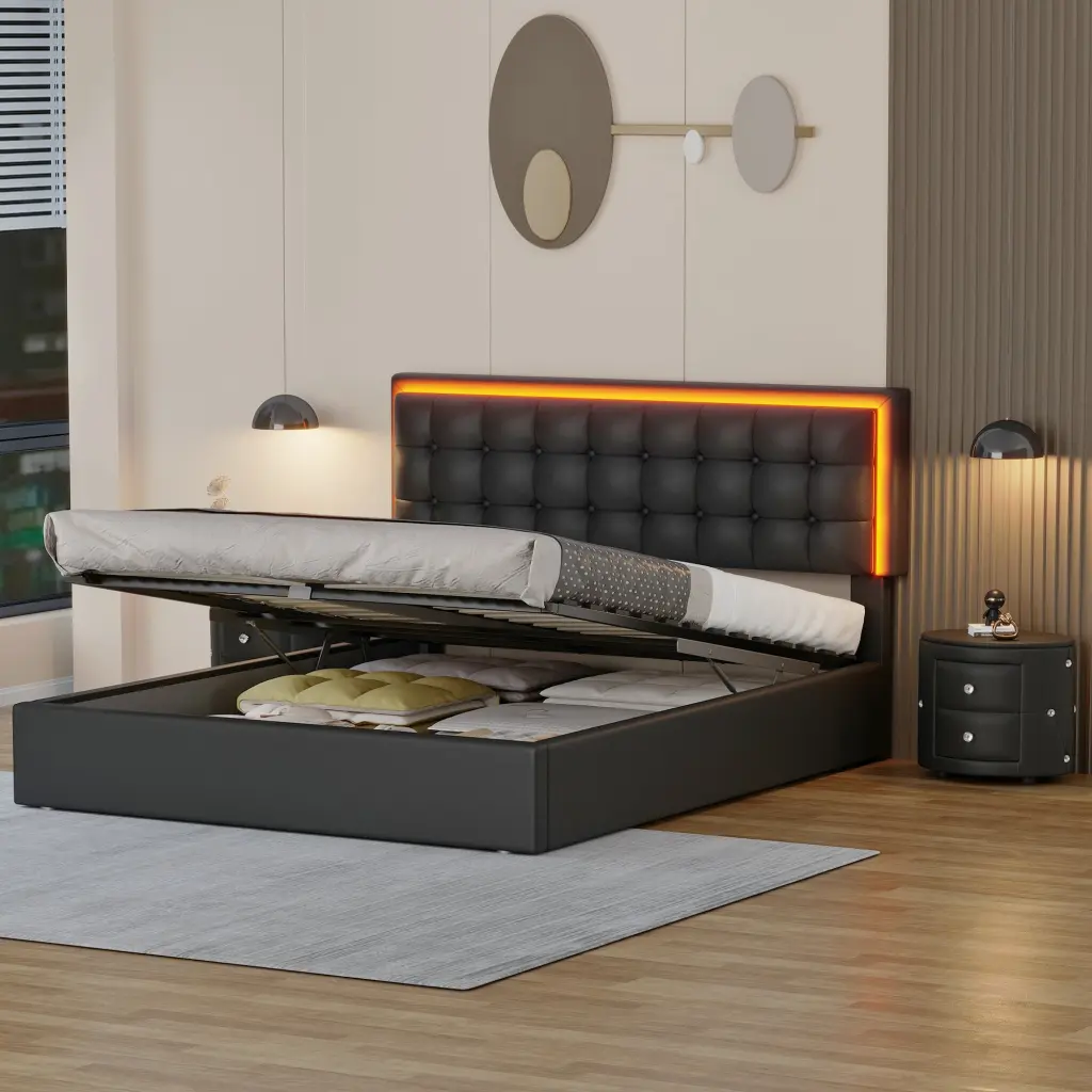 3 Piece Queen Size Bedroom Set Upholstered Bed LED Lights Hydraulic Storage homey life