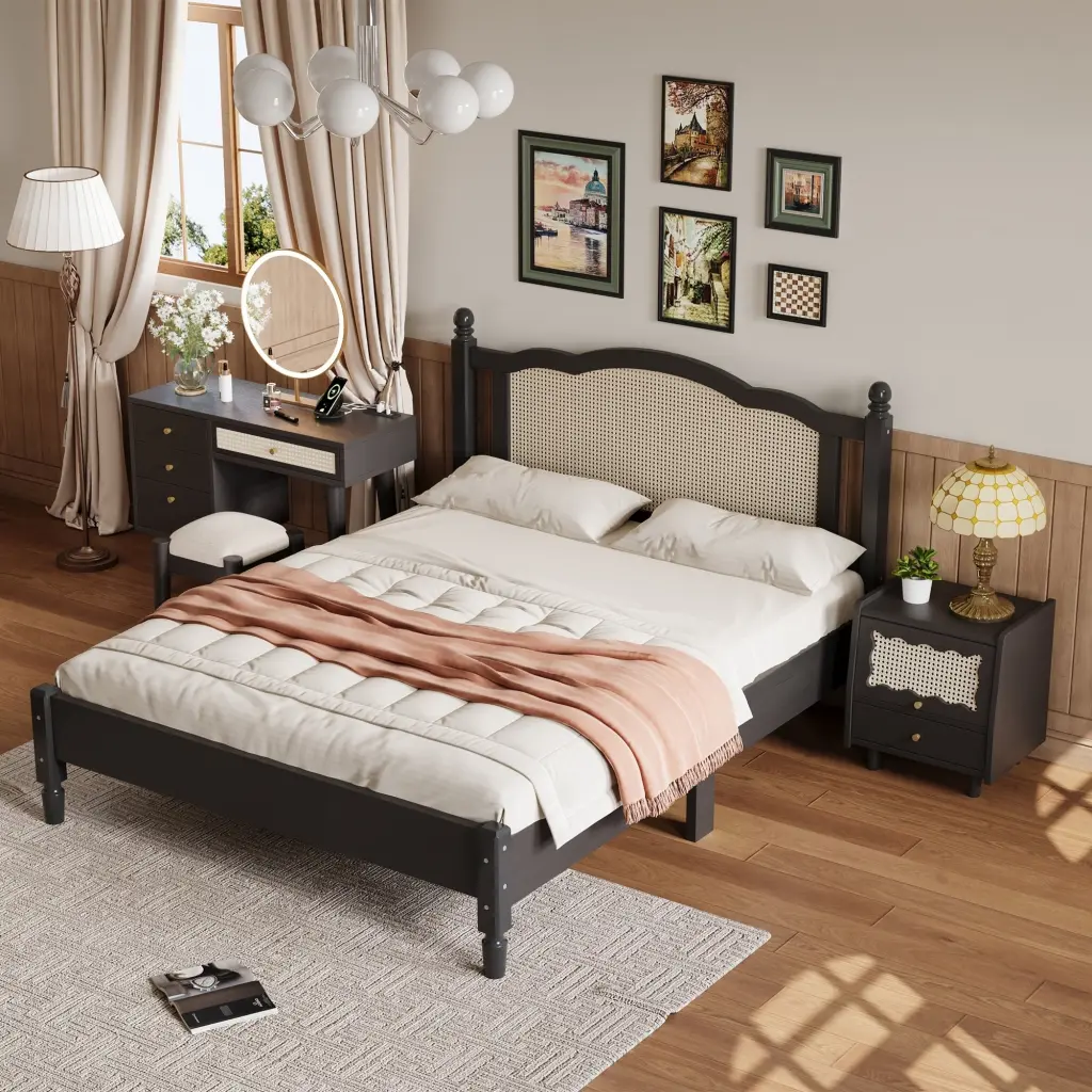 3 Piece Queen Size Bedroom Set Wooden Bed Frame and Vintage Nightstand homey life