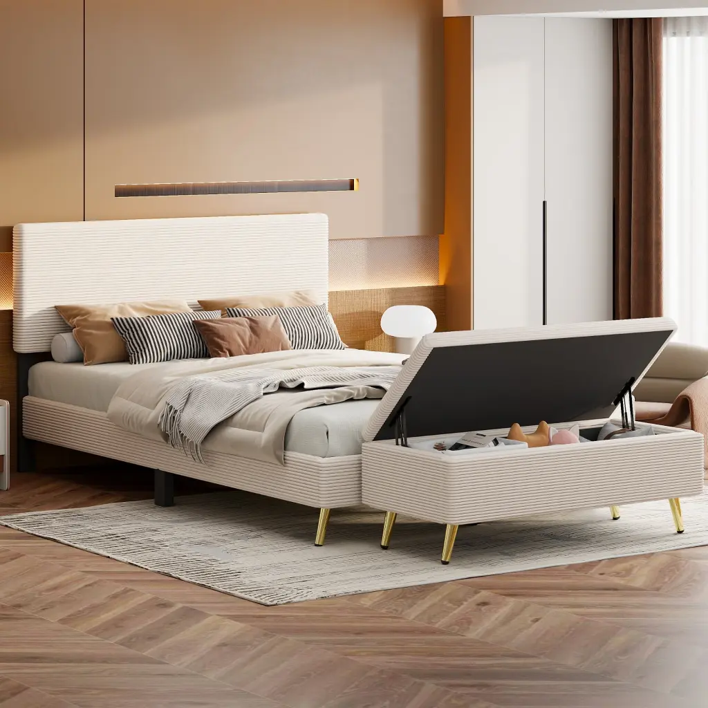2 Pieces Bedroom Sets Queen Dimensions Upholstered Bed Frame Modern Corduroy homey life
