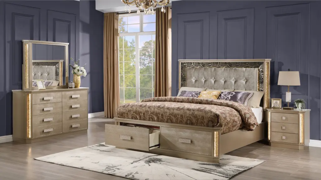Medusa Queen 4Pc Bedroom Set Wood Frame Gold Finish No Box Spring Needed galaxy home furnishings