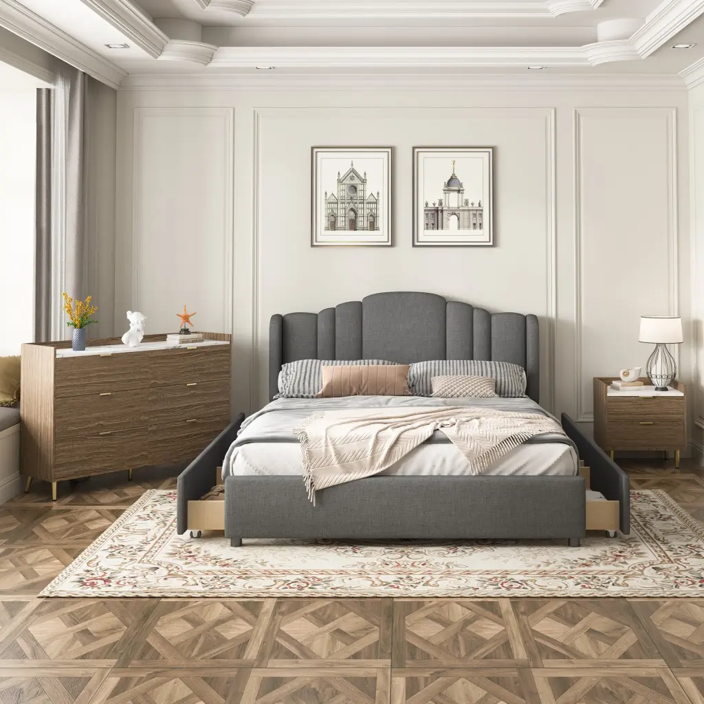3 Piece Queen Size Bedroom Set Upholstered Platform Bed 4 Drawers homey life