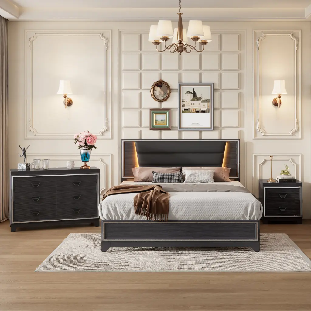 3 Pieces Queen Bedroom Set Upholstered Bed LED Lights Nightstands homey life