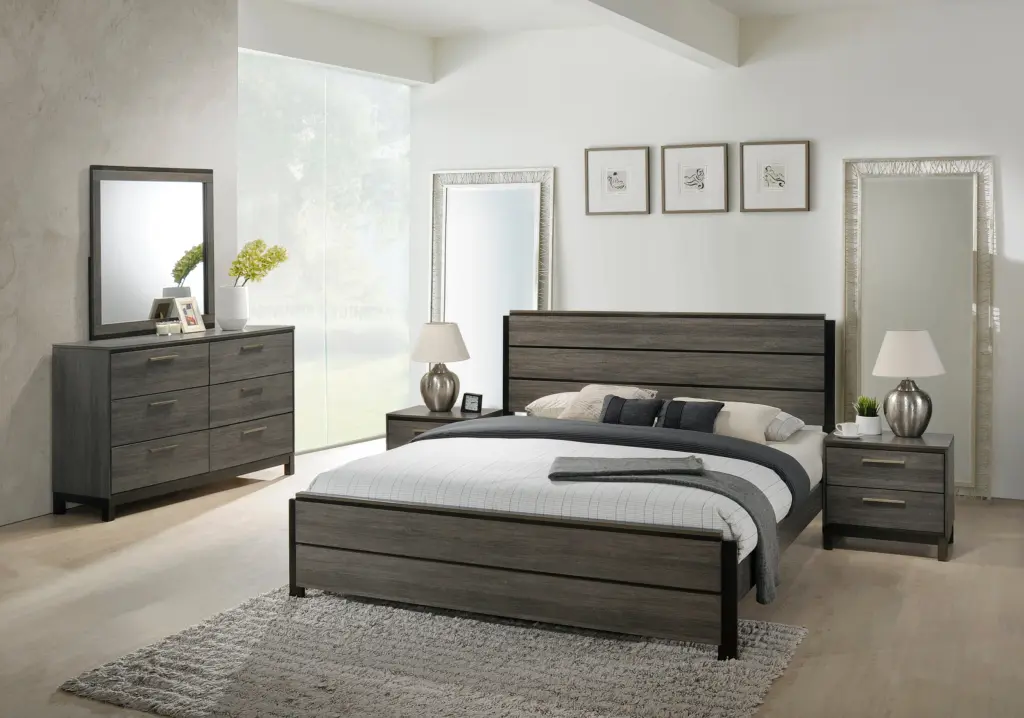 Ioana Antique Grey Finish Wood 5 Piece Queen Bedroom Set Dresser Mirror hz