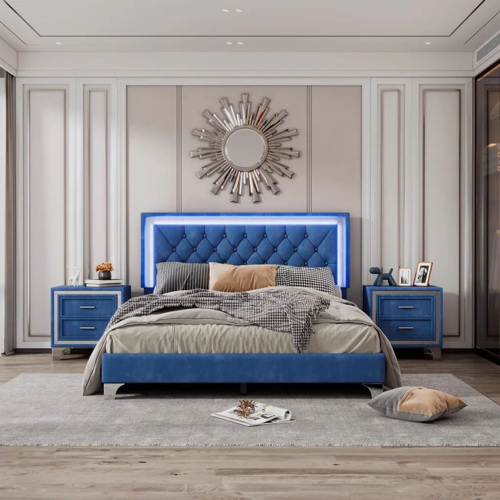 3 Pieces Bedroom Sets Queen Dimensions Upholstered Platform Bed LED Lighting Modern Bedroom Furniture rnb