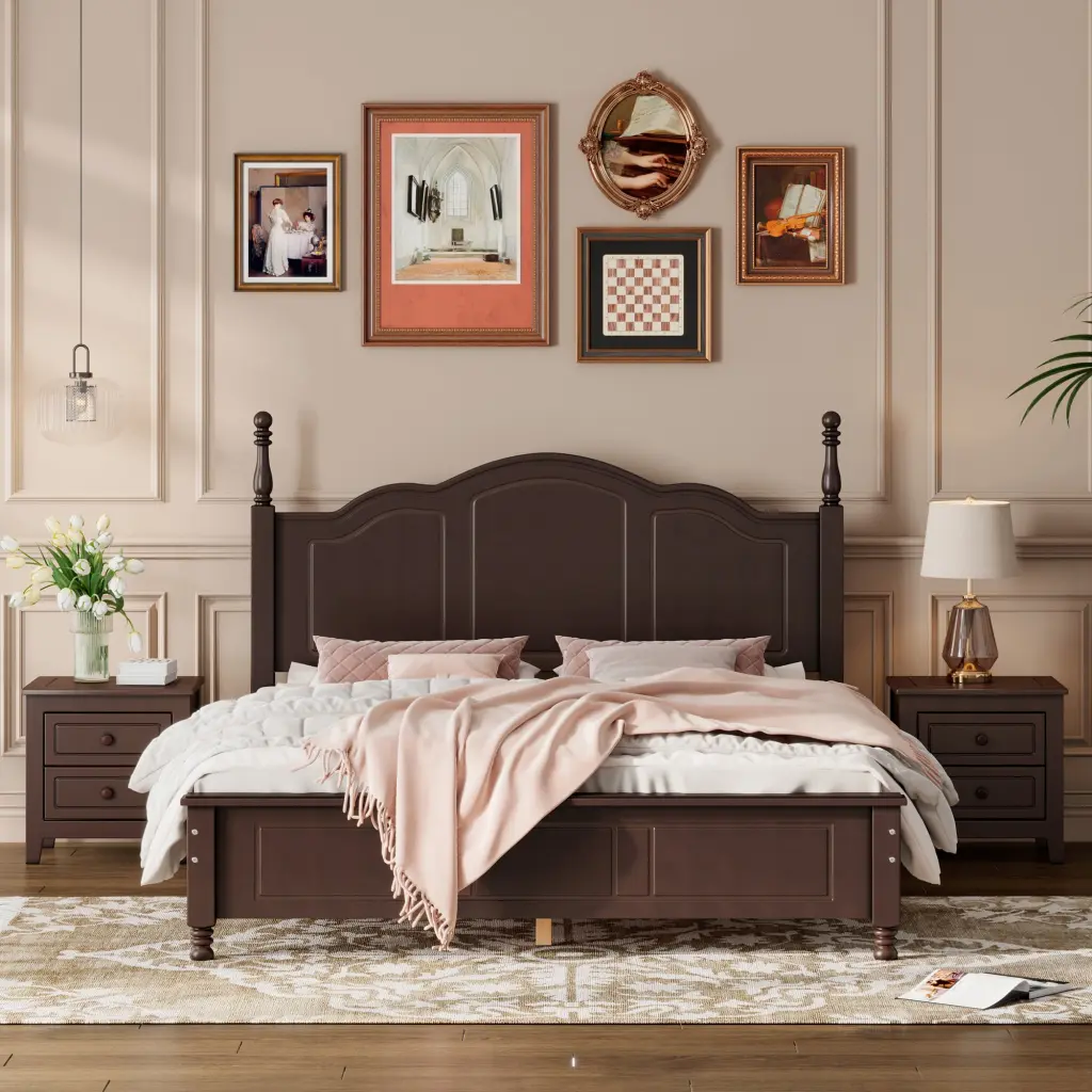 3 Pieces Bedroom Sets Queen Dimensions Wood Platform Bed And Two Nightstands Modern Bedroom Furniture rnb