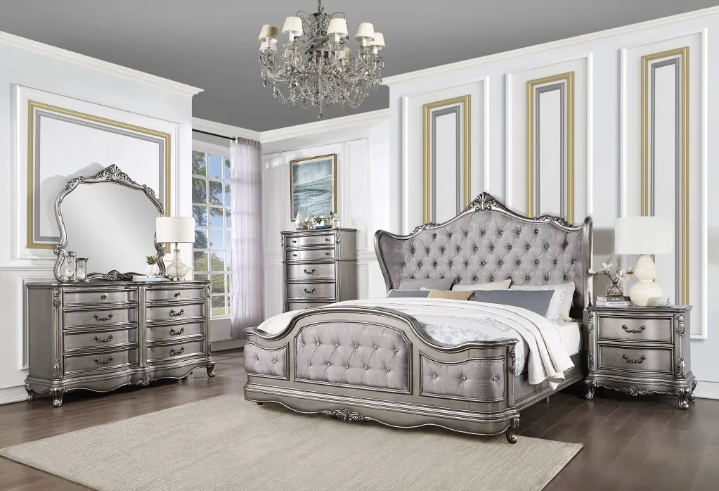 Ausonia Queen Bed Antique Platinum Finish Box Spring Required acme onsite store