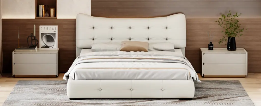 Modern PU Upholstered Queen Bed Ergonomic Wing Support Headboard bed best