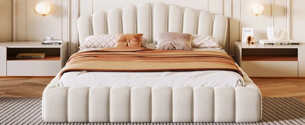 Velvet Upholstered Queen Bed Frame Floor Bed Shell Shaped Headboard Bedroom bed best