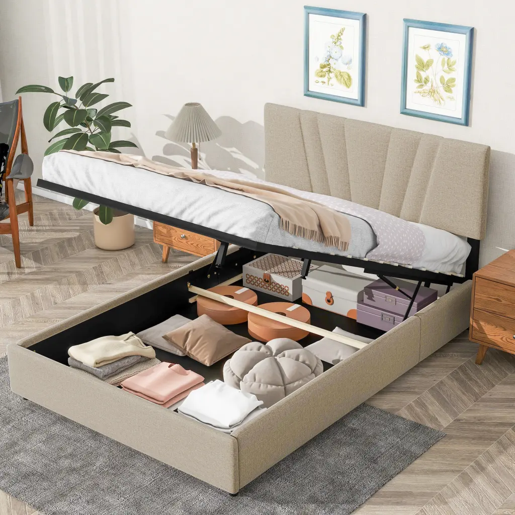 Queen Upholstered Platform Bed Lifting Storage - Modern Bed Frame bedepot